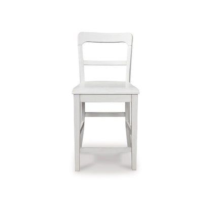Benjara Gela Counter Stool Chair Set of 2, Stylized Ladder Back, Plank Seat, White