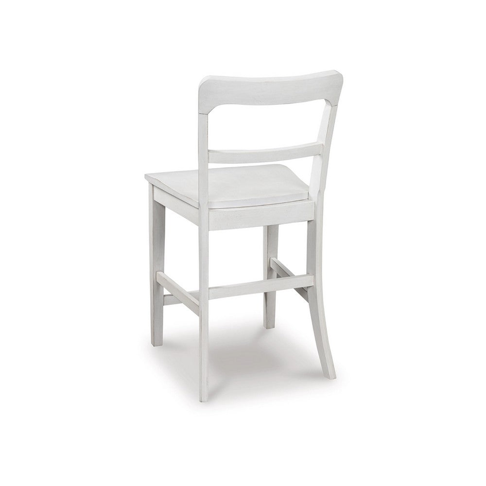 Benjara Gela Counter Stool Chair Set of 2, Stylized Ladder Back, Plank Seat, White