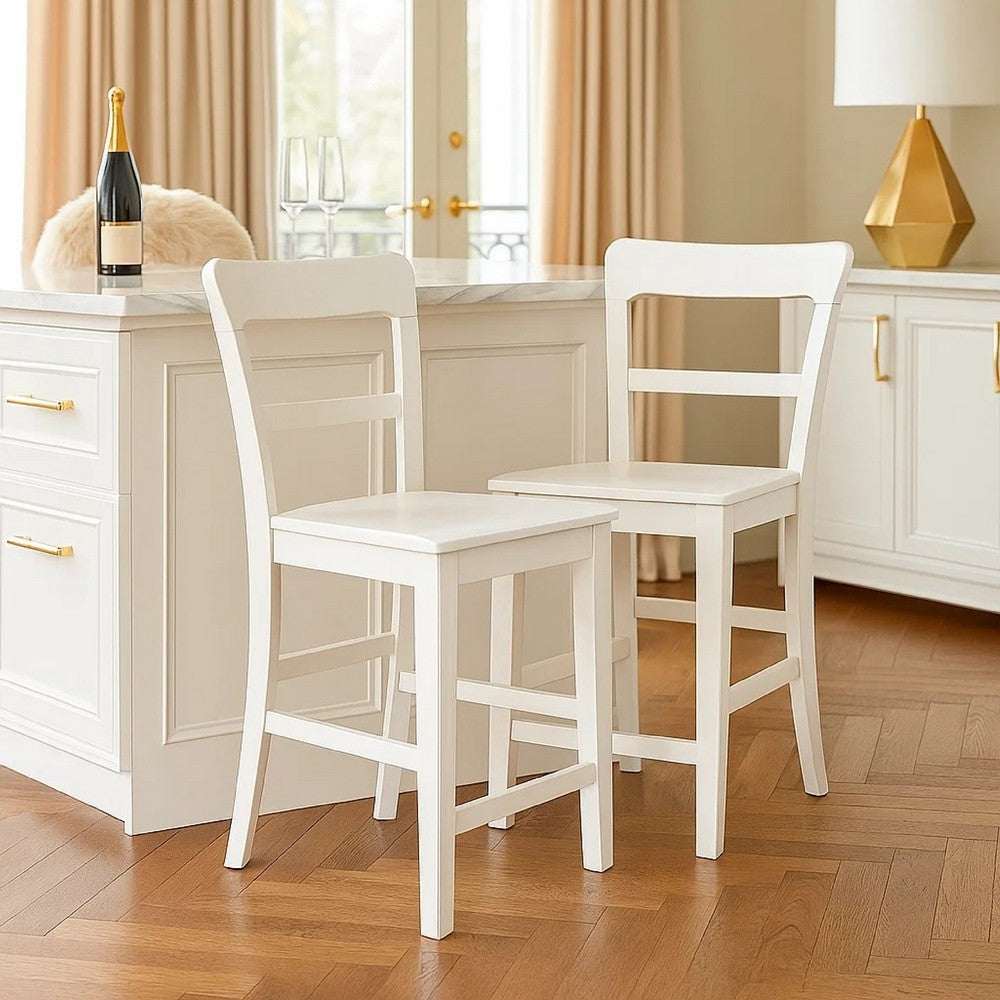 Benjara Gela Counter Stool Chair Set of 2, Stylized Ladder Back, Plank Seat, White