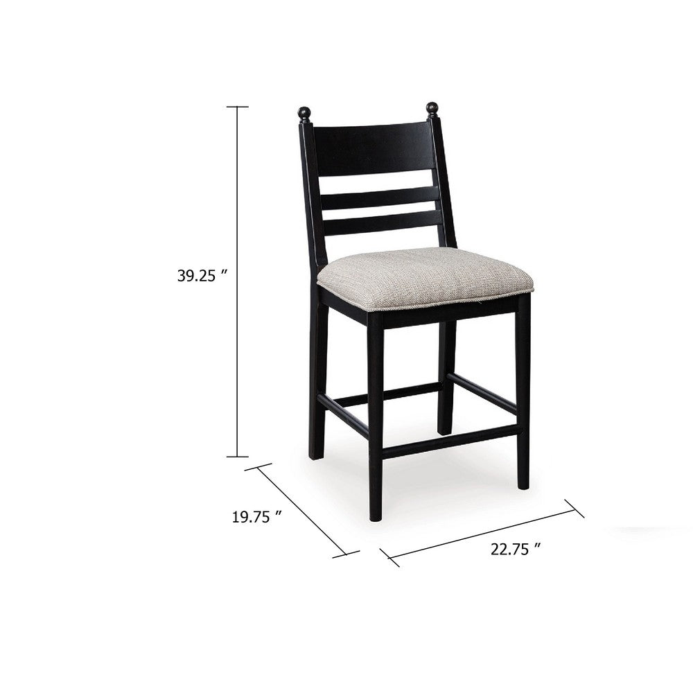 Benjara Gela Counter Height Chair Set of 2, Beige Seat, Black Ladderback