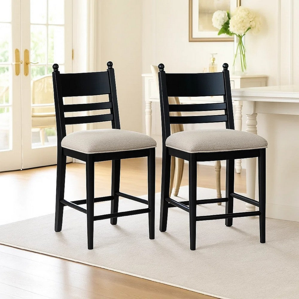 Benjara Gela Counter Height Chair Set of 2, Beige Seat, Black Ladderback
