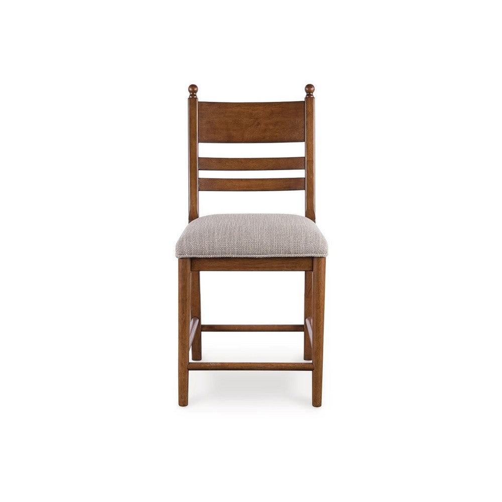 Benjara Gela Counter Height Chair Set of 2, Beige Seat, Brown Ladderback