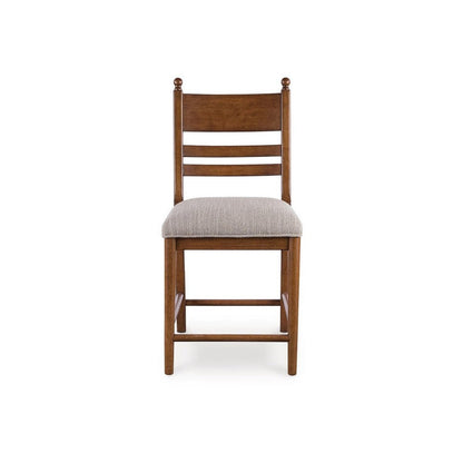 Benjara Gela Counter Height Chair Set of 2, Beige Seat, Brown Ladderback