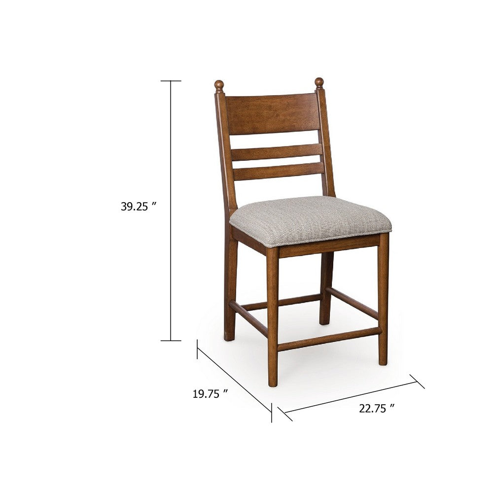 Benjara Gela Counter Height Chair Set of 2, Beige Seat, Brown Ladderback
