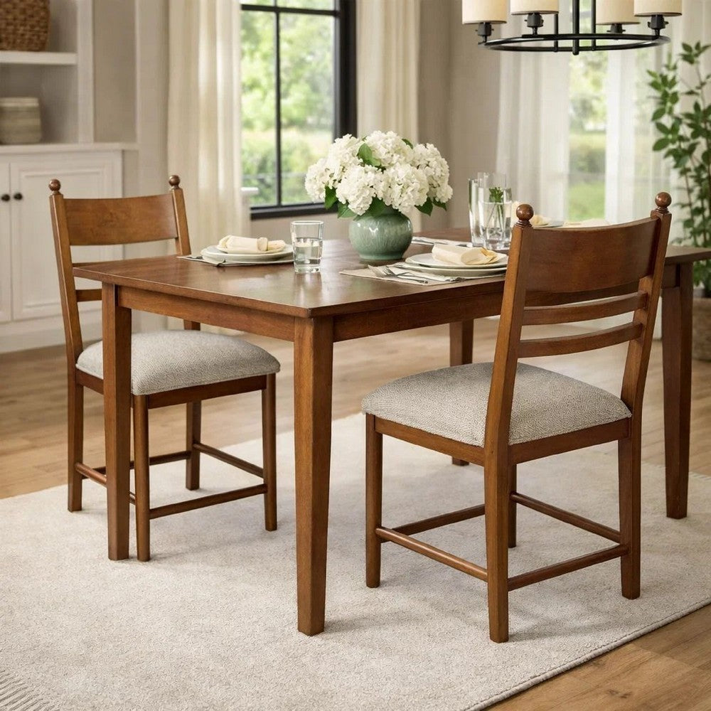 Benjara Gela Counter Height Chair Set of 2, Beige Seat, Brown Ladderback