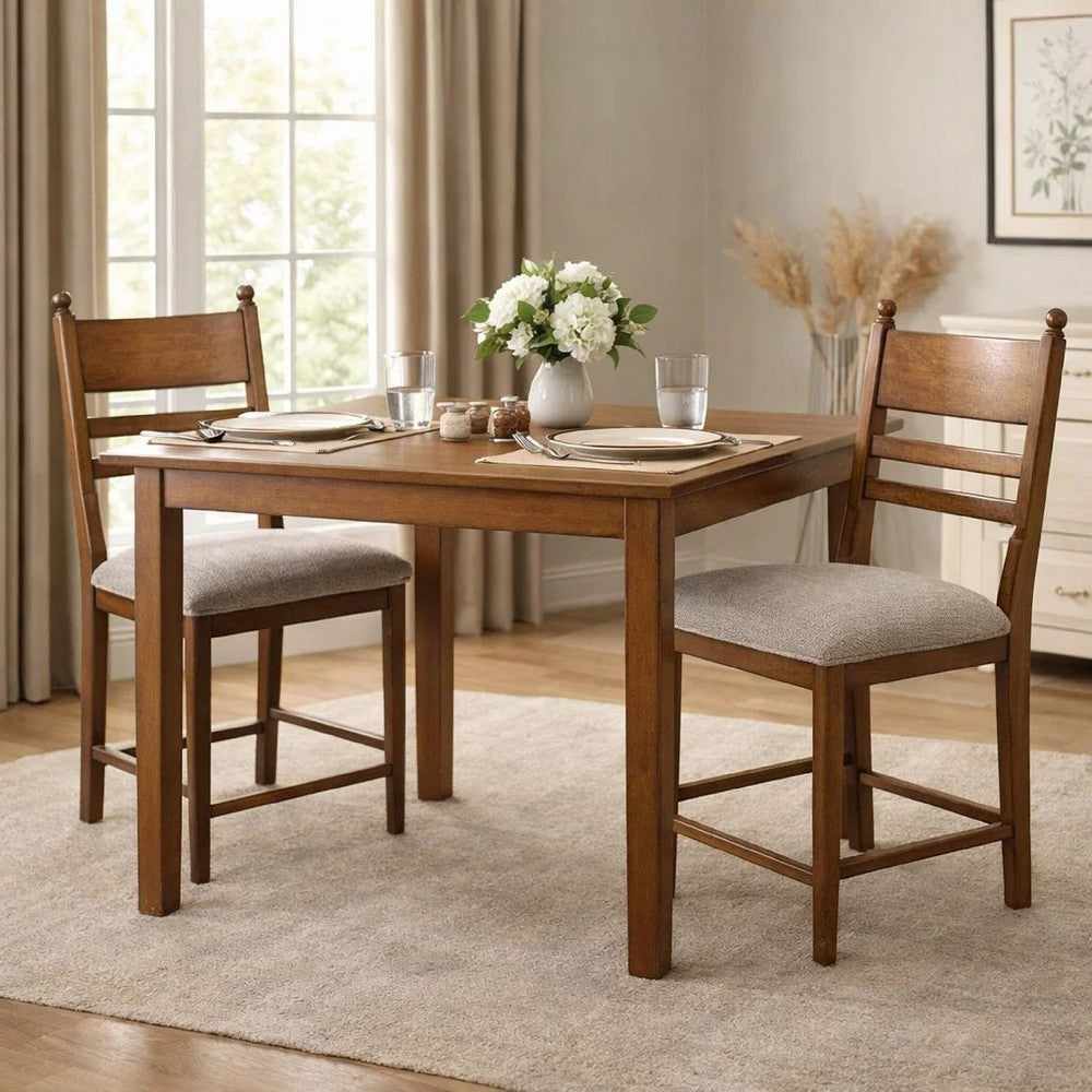 Benjara Gela Counter Height Chair Set of 2, Beige Seat, Brown Ladderback