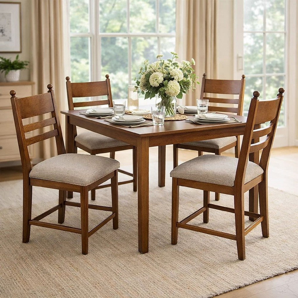 Benjara Gela Counter Height Chair Set of 2, Beige Seat, Brown Ladderback