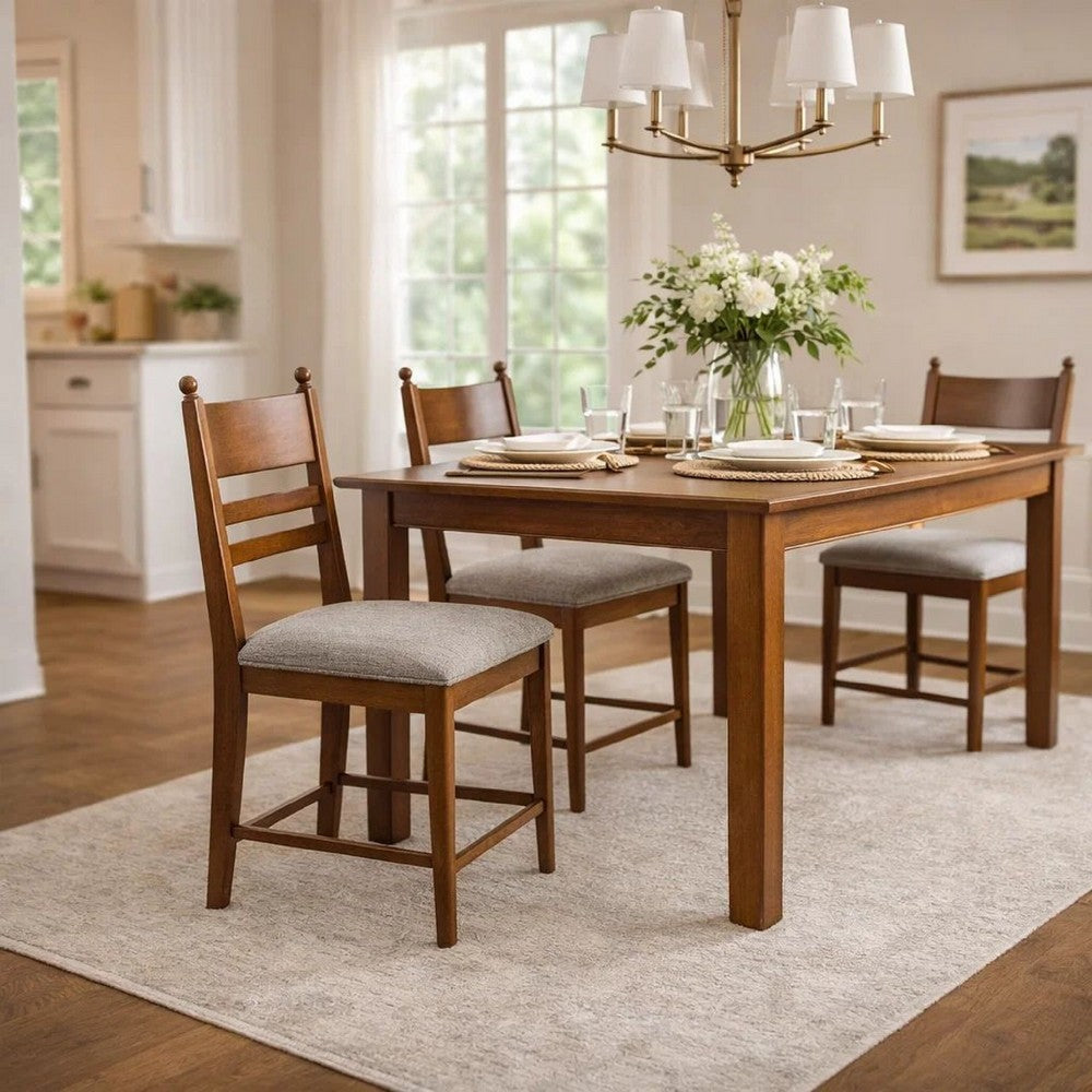 Benjara Gela Counter Height Chair Set of 2, Beige Seat, Brown Ladderback