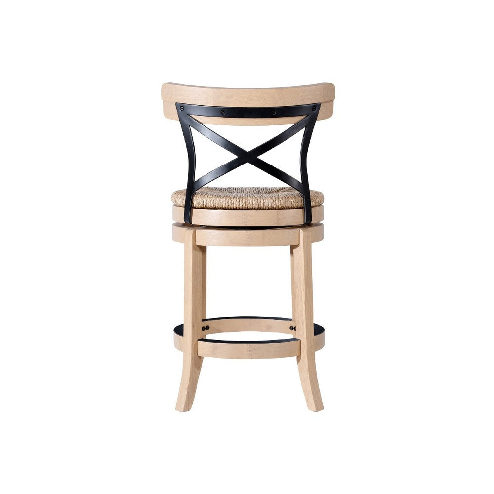 Benjara Mia Swivel Counter Chair, Black Metal Cross Back, Blonde Oak Brown