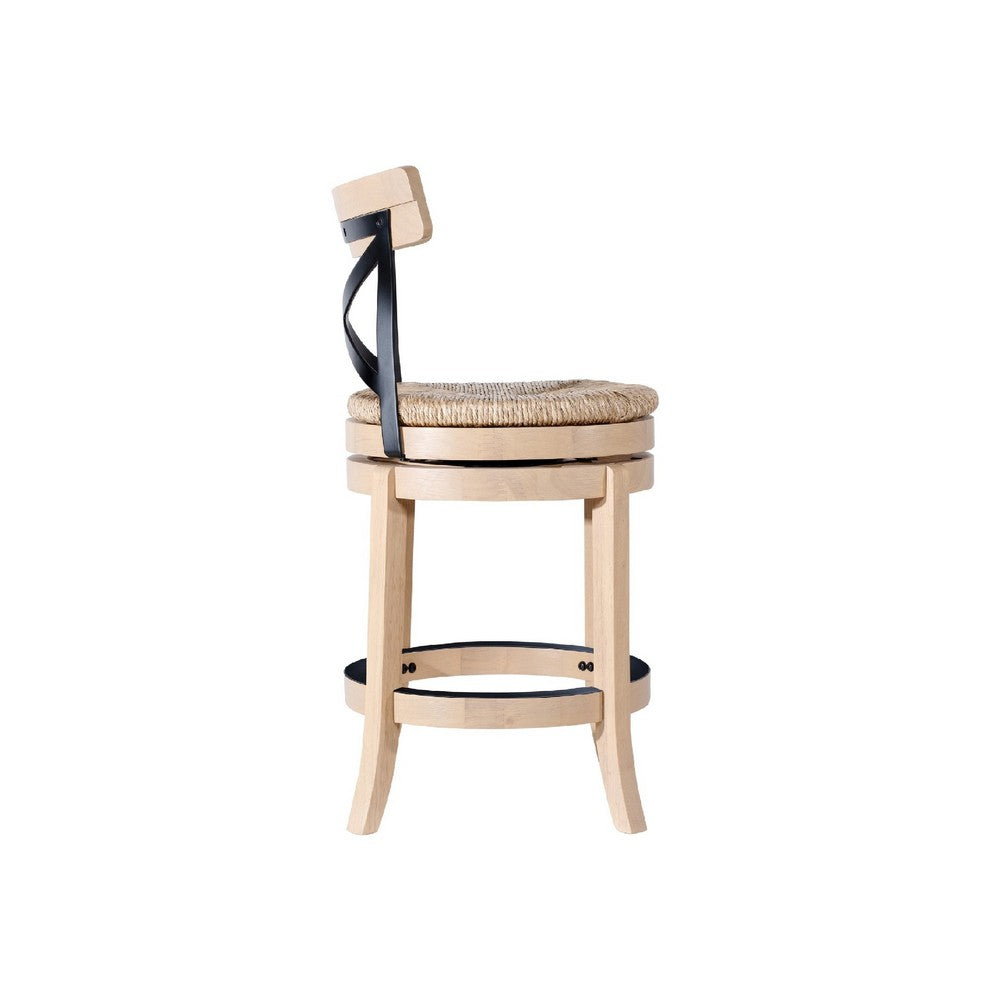 Benjara Mia Swivel Counter Chair, Black Metal Cross Back, Blonde Oak Brown