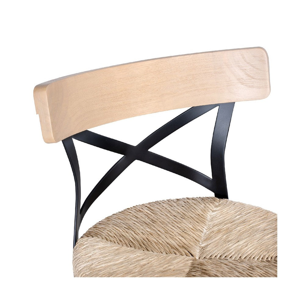 Benjara Mia Swivel Counter Chair, Black Metal Cross Back, Blonde Oak Brown