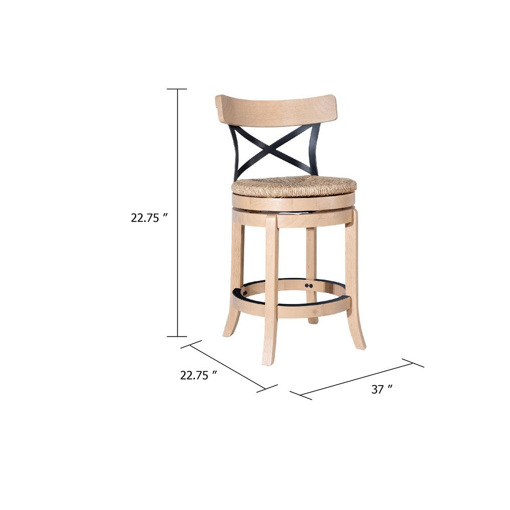 Benjara Mia Swivel Counter Chair, Black Metal Cross Back, Blonde Oak Brown