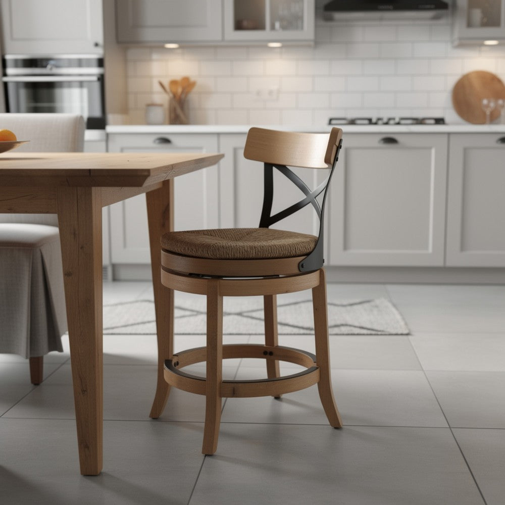 Benjara Mia Swivel Counter Chair, Black Metal Cross Back, Blonde Oak Brown