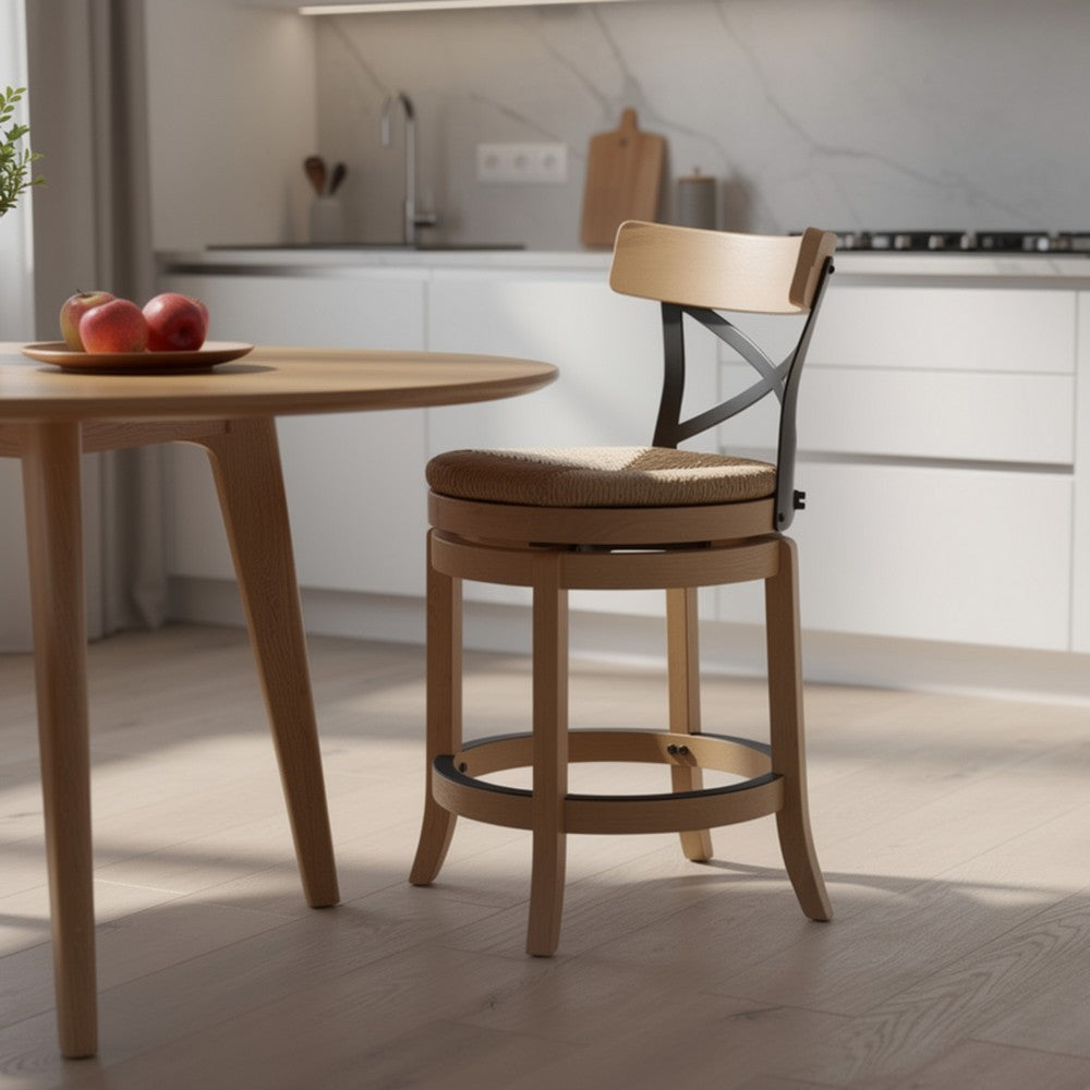 Benjara Mia Swivel Counter Chair, Black Metal Cross Back, Blonde Oak Brown