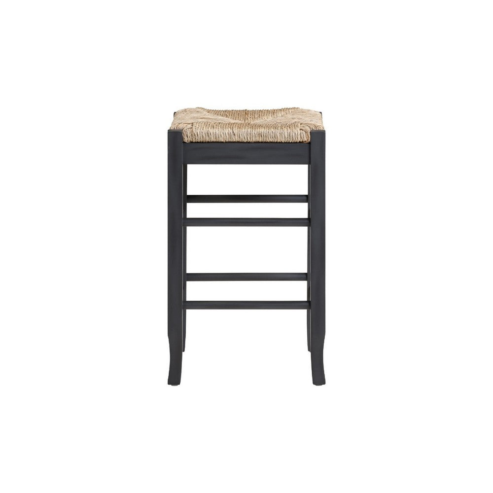 Benjara Sezy Counter Height Stool, Rush Rattan Square Seat, Charcoal Gray Base