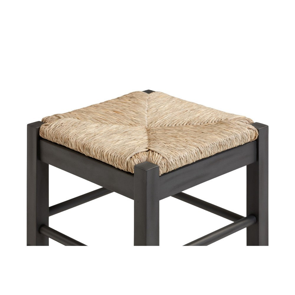 Benjara Sezy Counter Height Stool, Rush Rattan Square Seat, Charcoal Gray Base