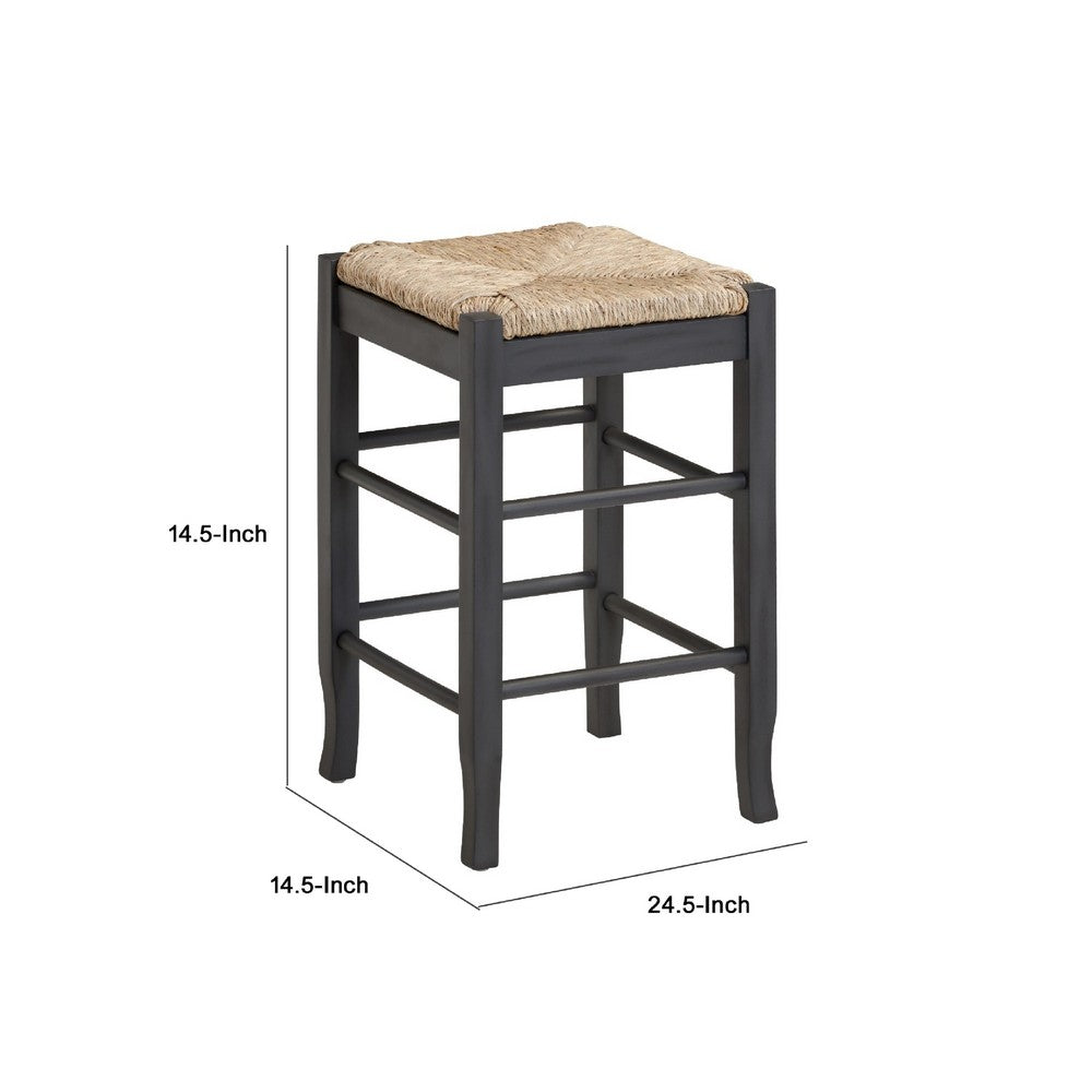 Benjara Sezy Counter Height Stool, Rush Rattan Square Seat, Charcoal Gray Base
