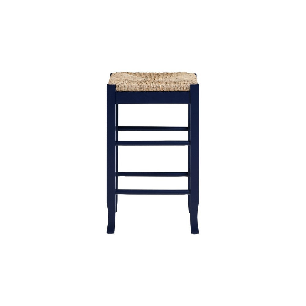Benjara Sezy Counter Height Stool, Rush Rattan Square Seat, Navy Blue Base