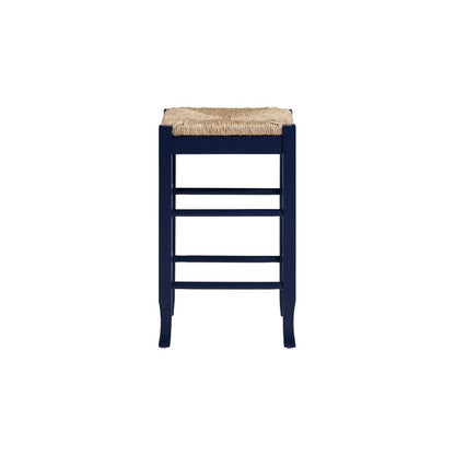 Benjara Sezy Counter Height Stool, Rush Rattan Square Seat, Navy Blue Base