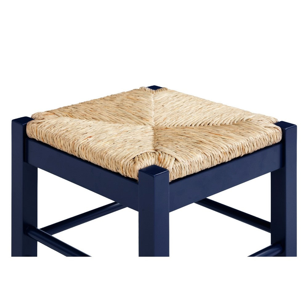 Benjara Sezy Counter Height Stool, Rush Rattan Square Seat, Navy Blue Base