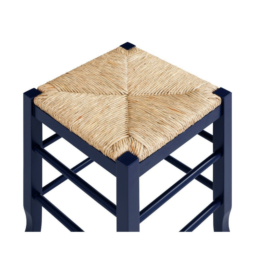 Benjara Sezy Counter Height Stool, Rush Rattan Square Seat, Navy Blue Base