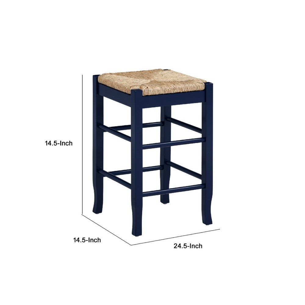 Benjara Sezy Counter Height Stool, Rush Rattan Square Seat, Navy Blue Base