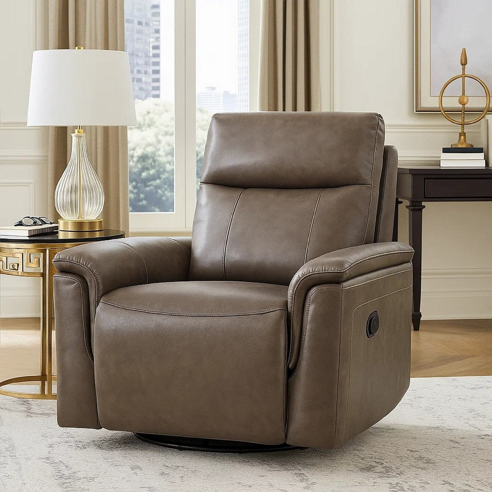 Benjara Jen Manual Swivel Glider Reclining Chair, Dark Brown Top Grain Leather