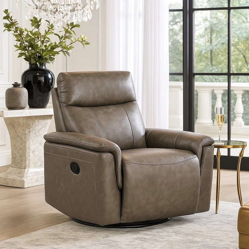 Benjara Jen Manual Swivel Glider Reclining Chair, Dark Brown Top Grain Leather