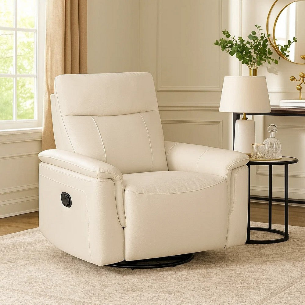 Benjara Jen Manual Swivel Glider Reclining Chair, Taupe Top Grain Leather