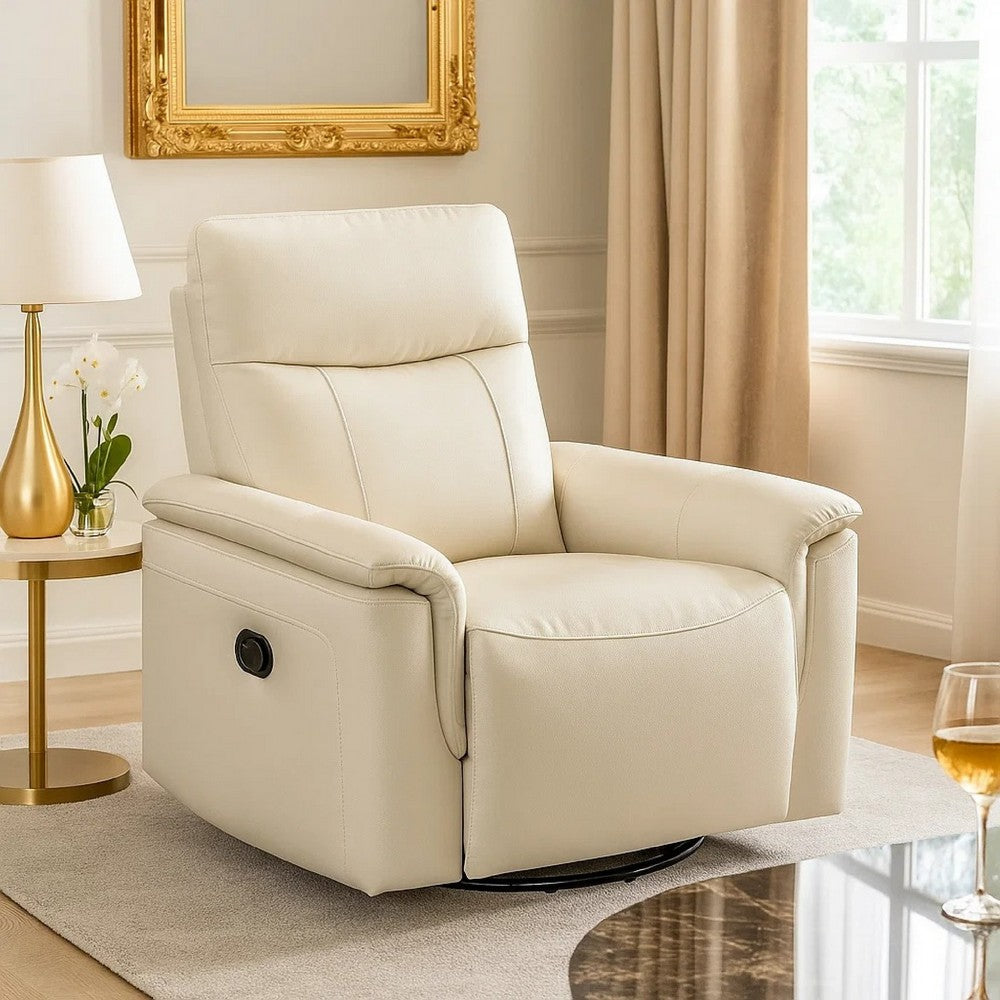 Benjara Jen Manual Swivel Glider Reclining Chair, Taupe Top Grain Leather