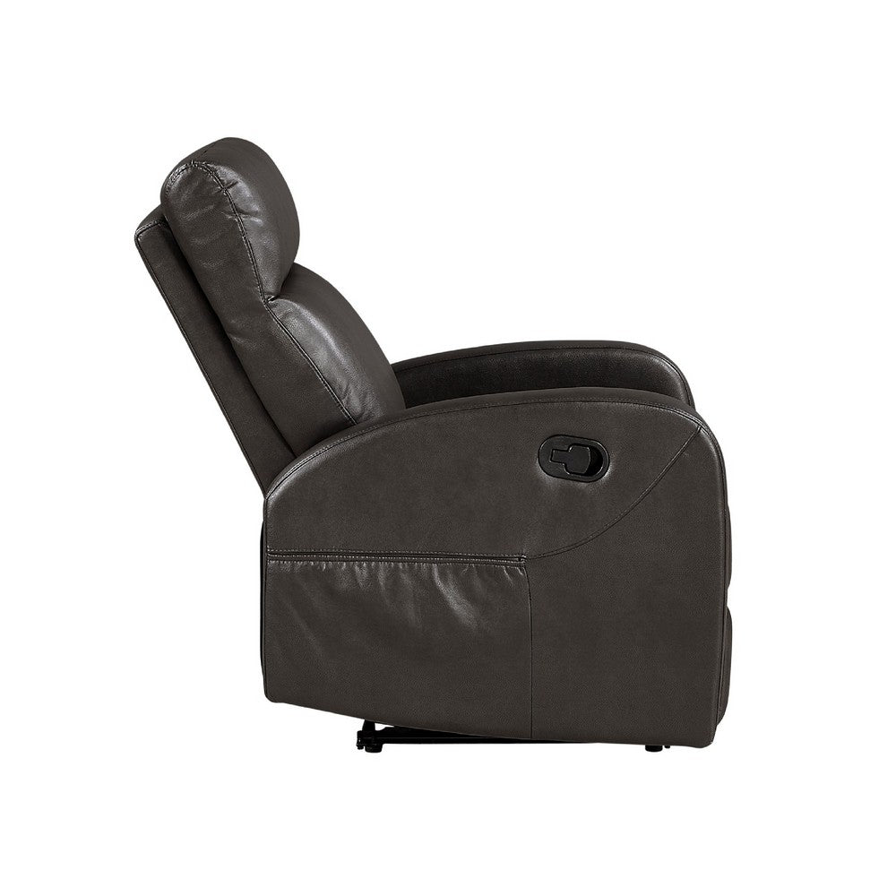Benjara Mey Wall Hugger Manual Recliner Chair w Pocket, Dark Brown Faux Leather