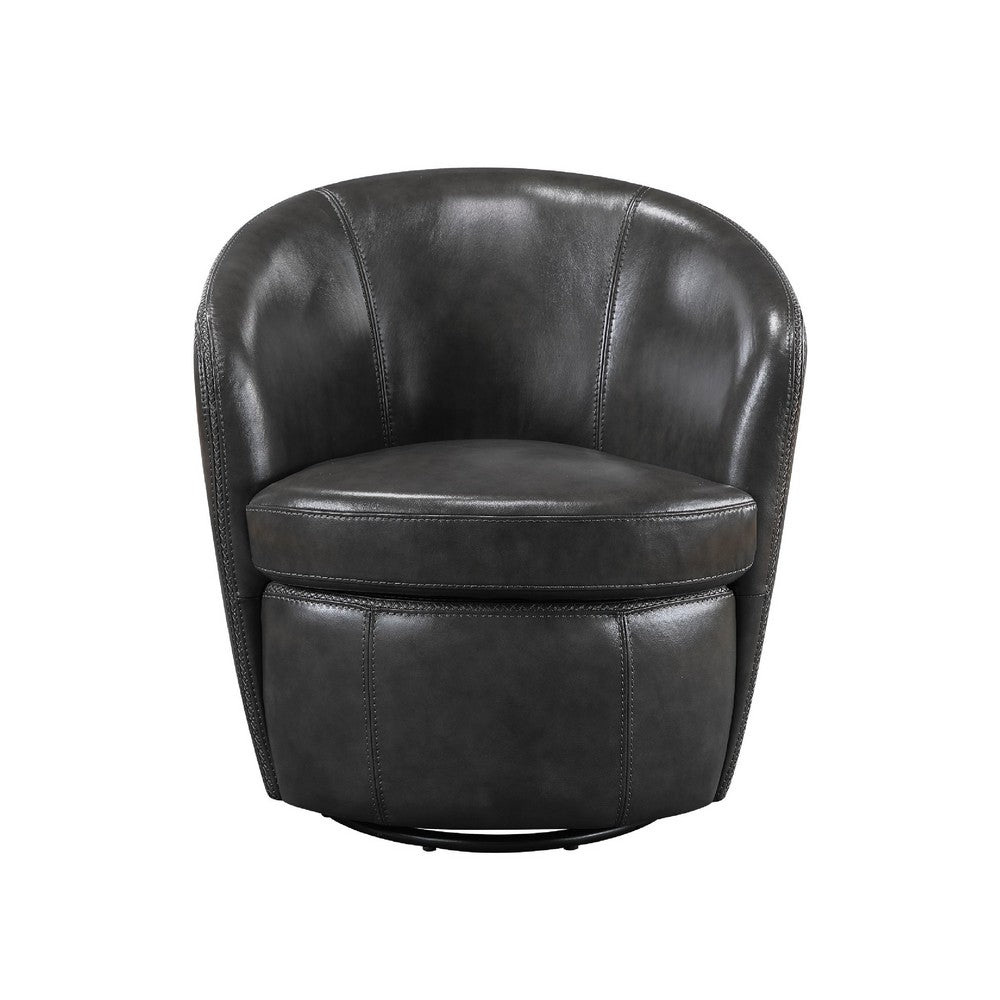 Benjara Dey Swivel Barrel Chair with Curved Back, Smoky Gray Top Grain Leather