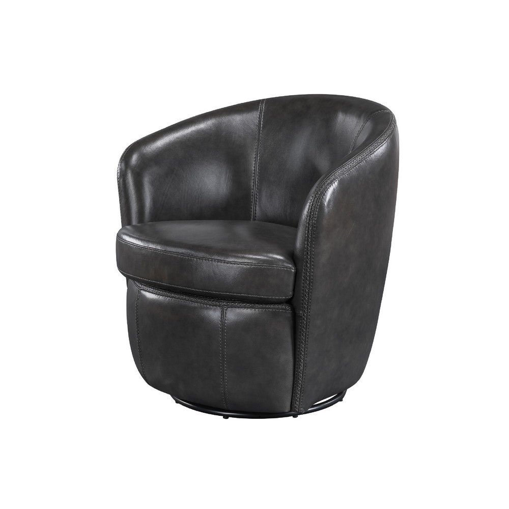 Benjara Dey Swivel Barrel Chair with Curved Back, Smoky Gray Top Grain Leather