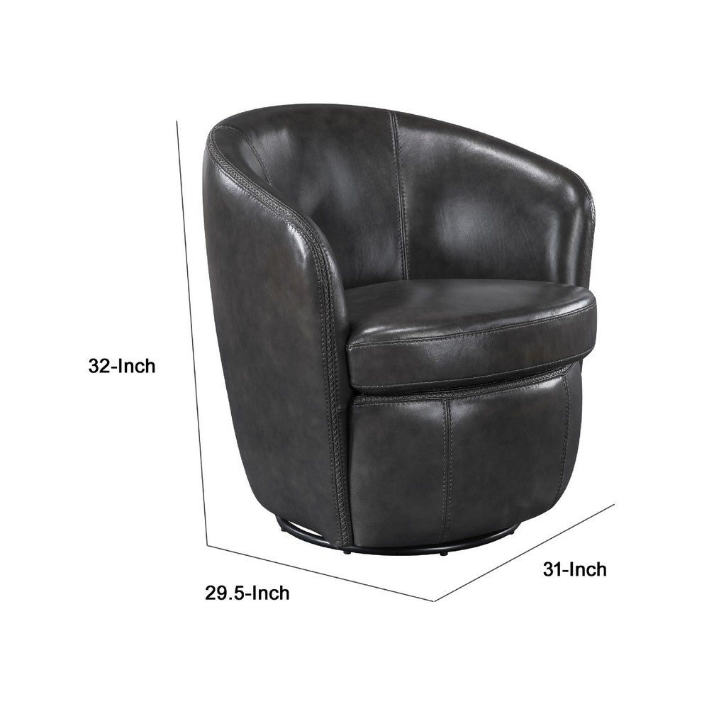 Benjara Dey Swivel Barrel Chair with Curved Back, Smoky Gray Top Grain Leather