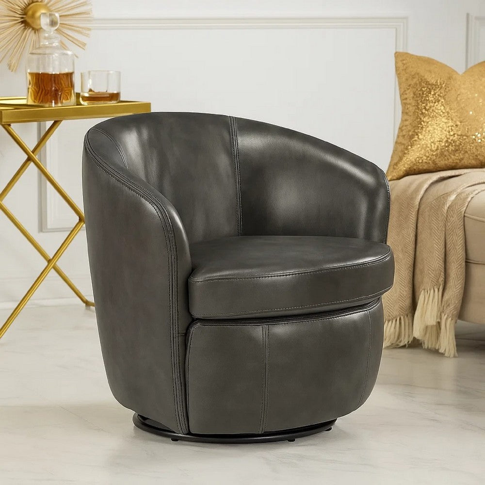 Benjara Dey Swivel Barrel Chair with Curved Back, Smoky Gray Top Grain Leather
