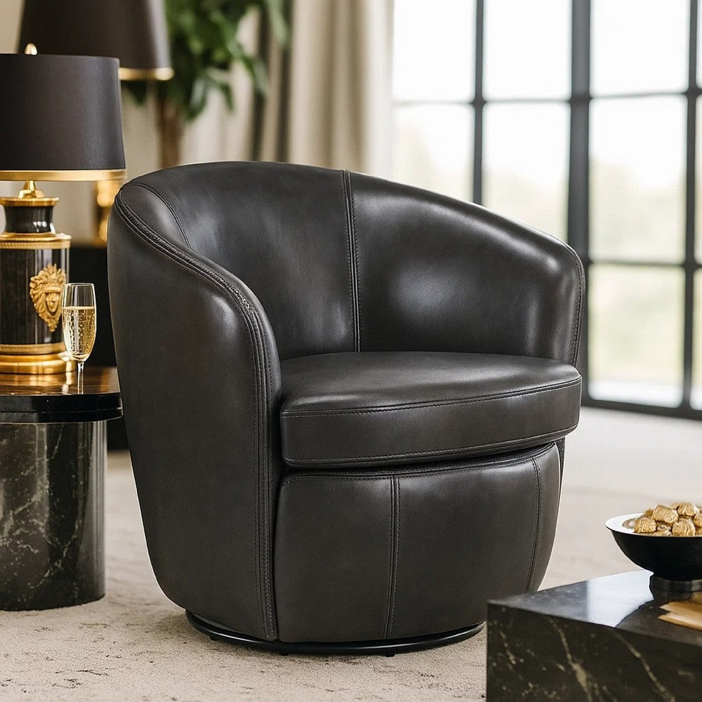 Benjara Dey Swivel Barrel Chair with Curved Back, Smoky Gray Top Grain Leather
