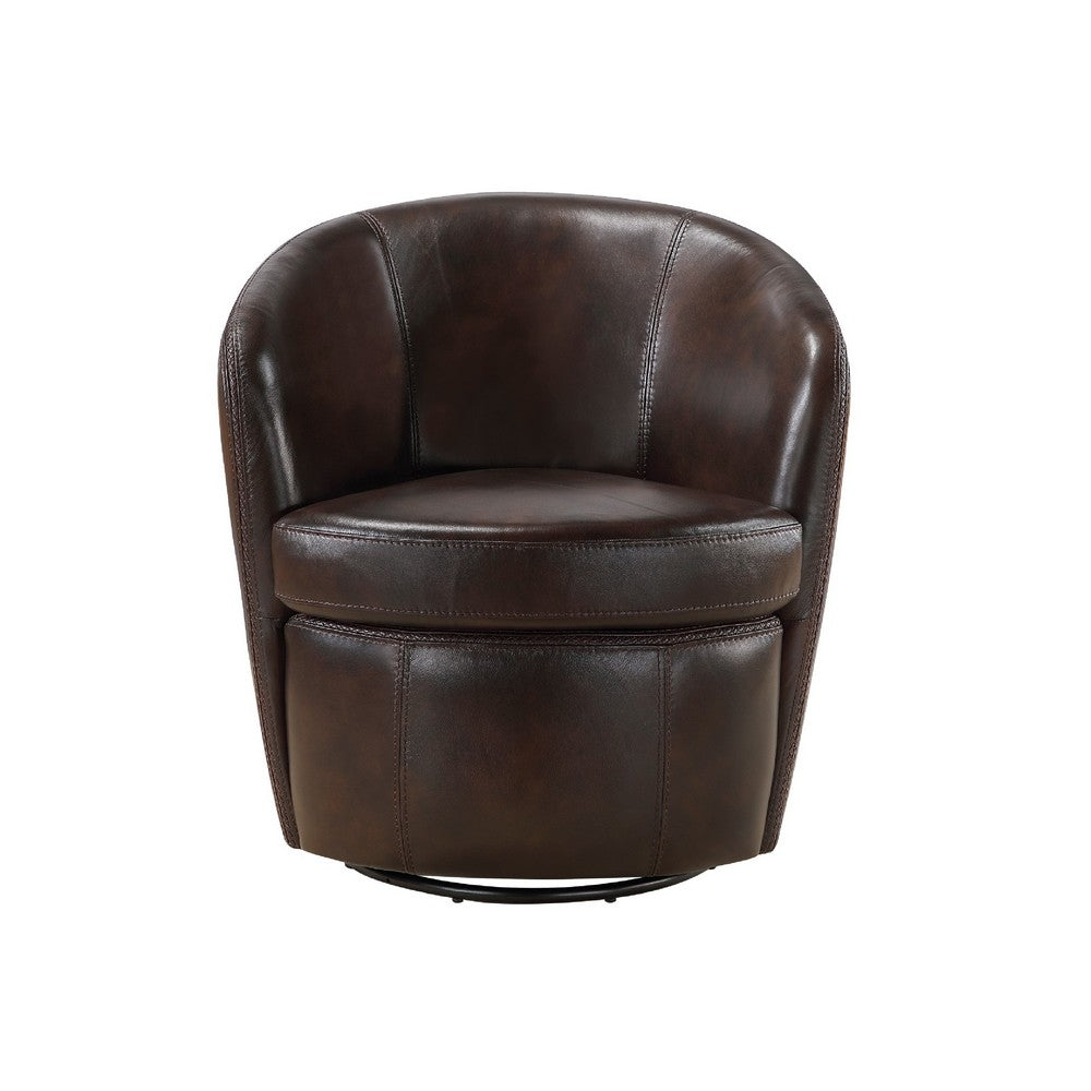 Benjara Dey Swivel Barrel Chair with Curved Back, Bronze Top Grain Leather