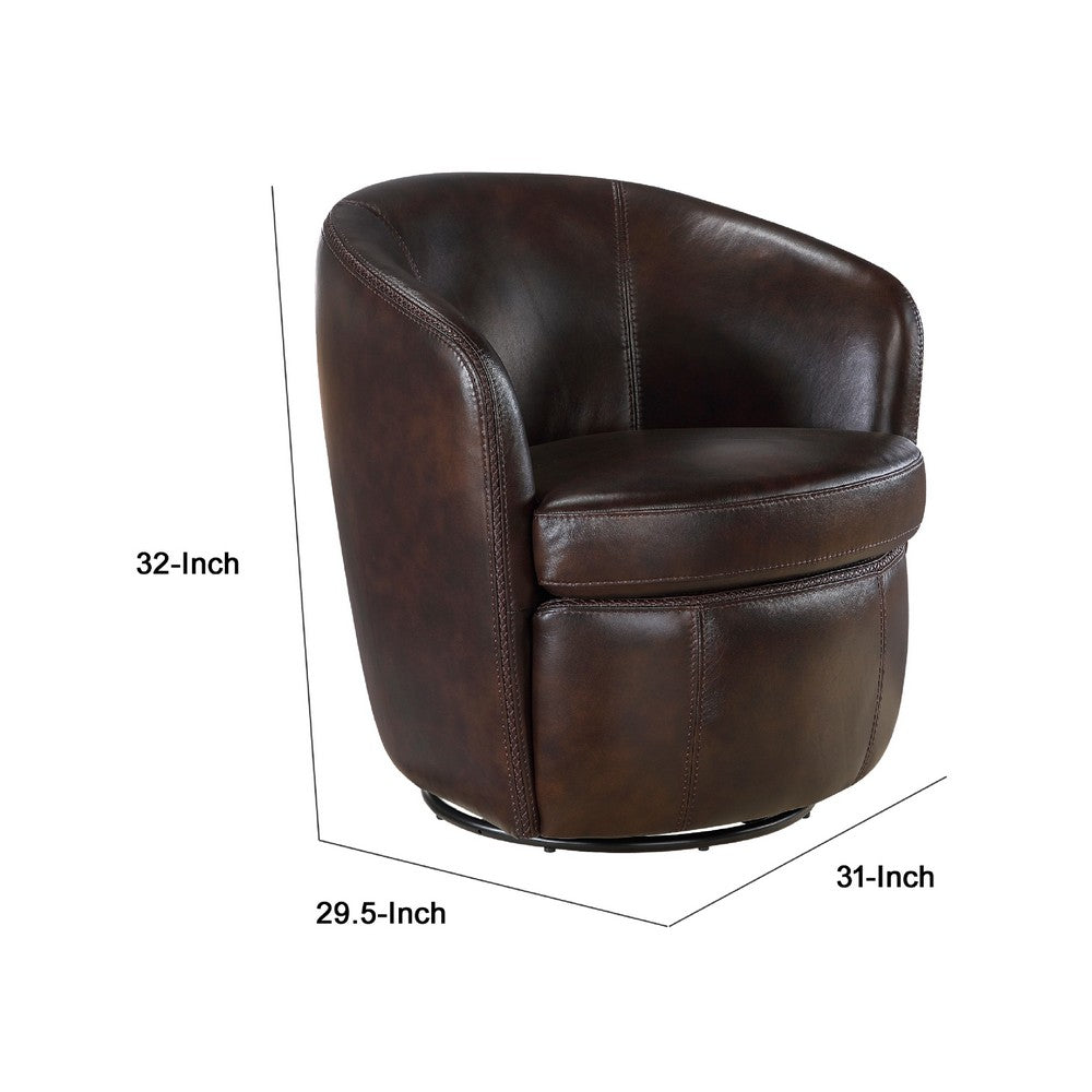 Benjara Dey Swivel Barrel Chair with Curved Back, Bronze Top Grain Leather
