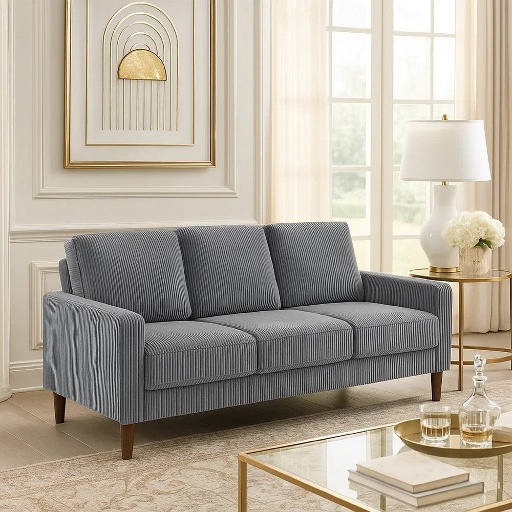 Benjara Cey Sofa, Gray Corduroy Upholstery, Modern Style Brown Legs, 77 Inch