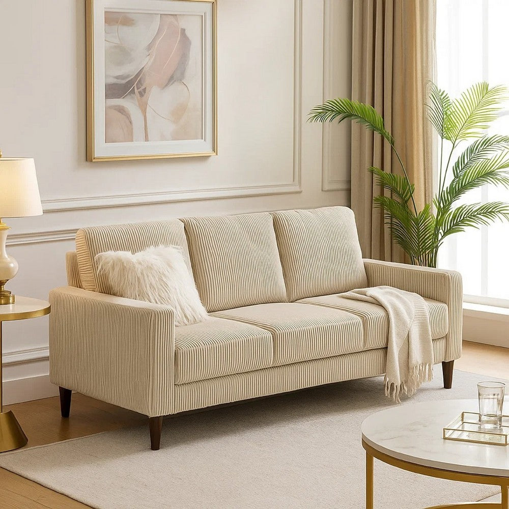 Benjara Cey Sofa, Taupe Corduroy Upholstery, Modern Style Brown Legs, 77 Inch