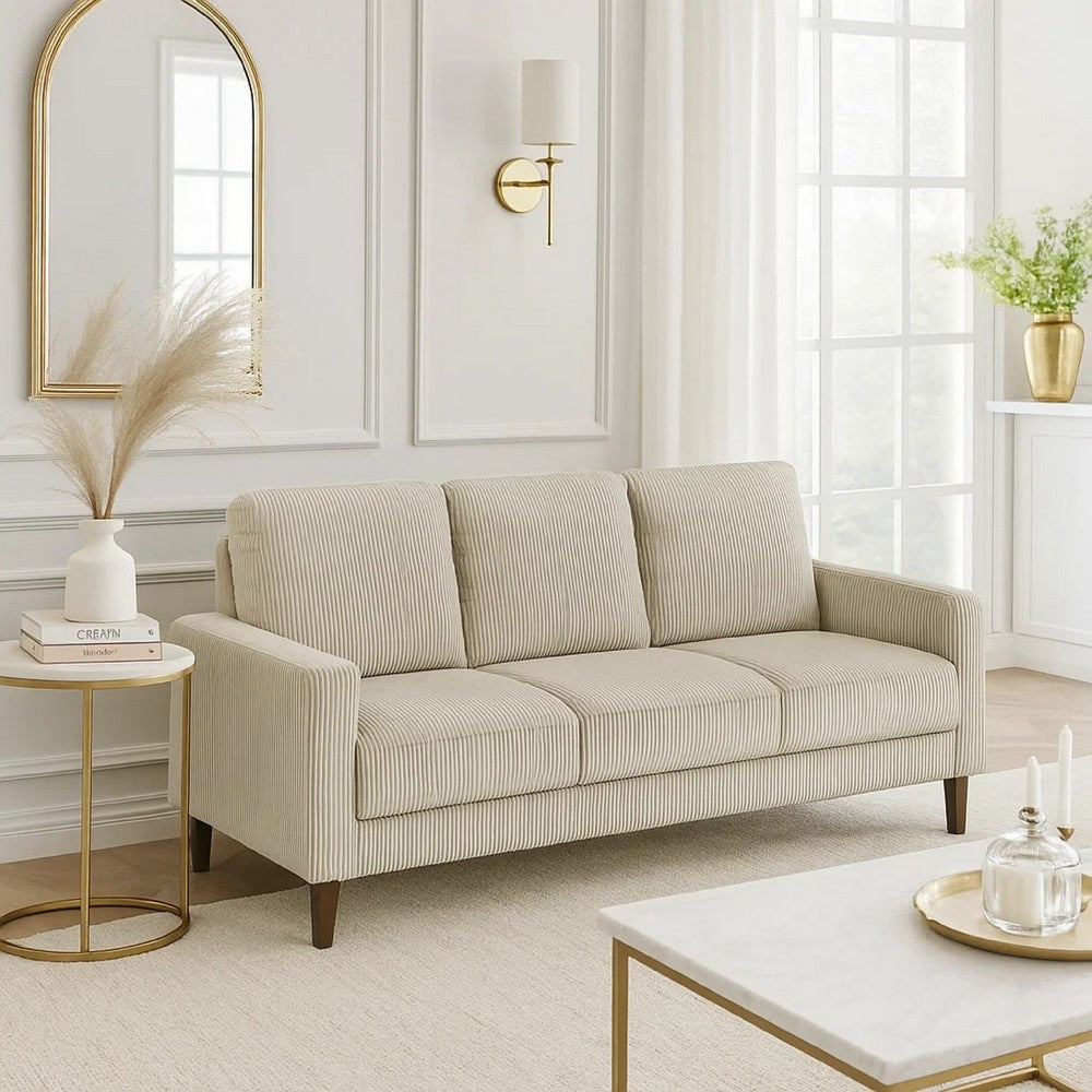 Benjara Cey Sofa, Taupe Corduroy Upholstery, Modern Style Brown Legs, 77 Inch