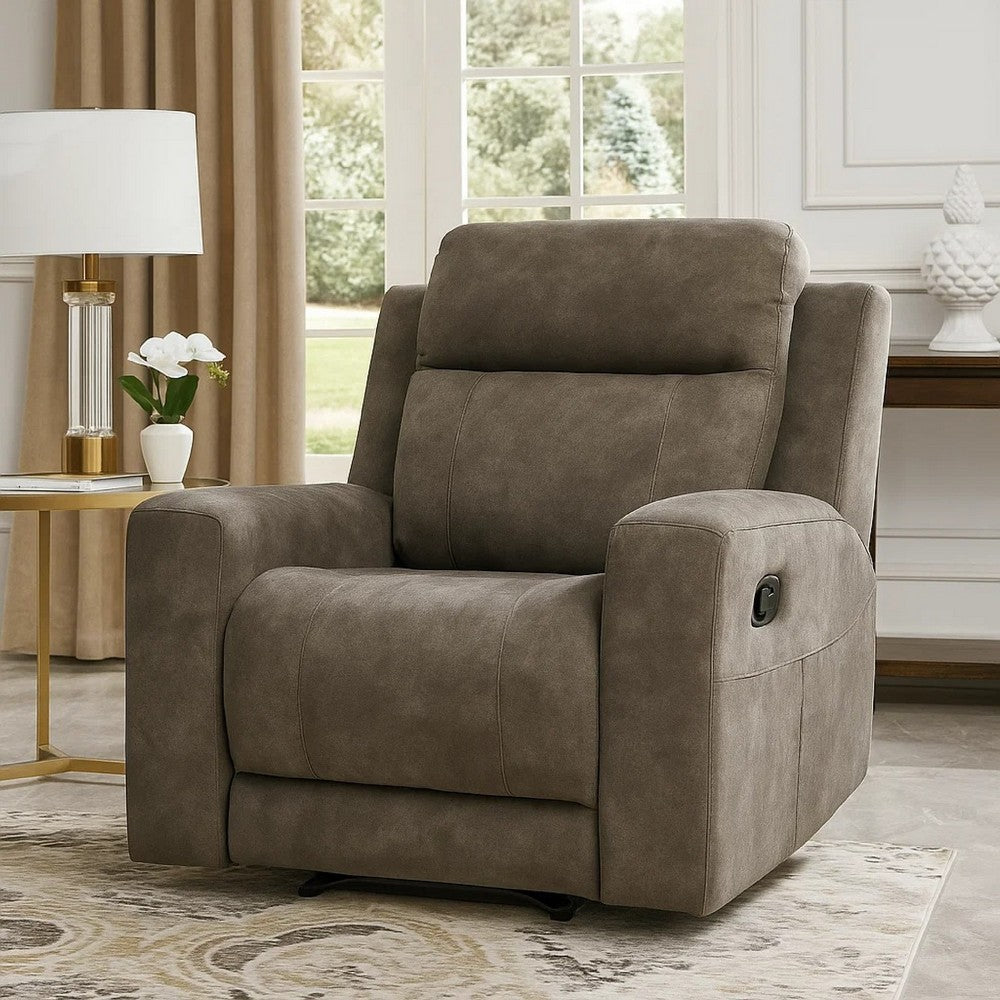 Benjara Diti Manual Pull Tab Reclining Chair, Brown Stain Resistant Microfiber