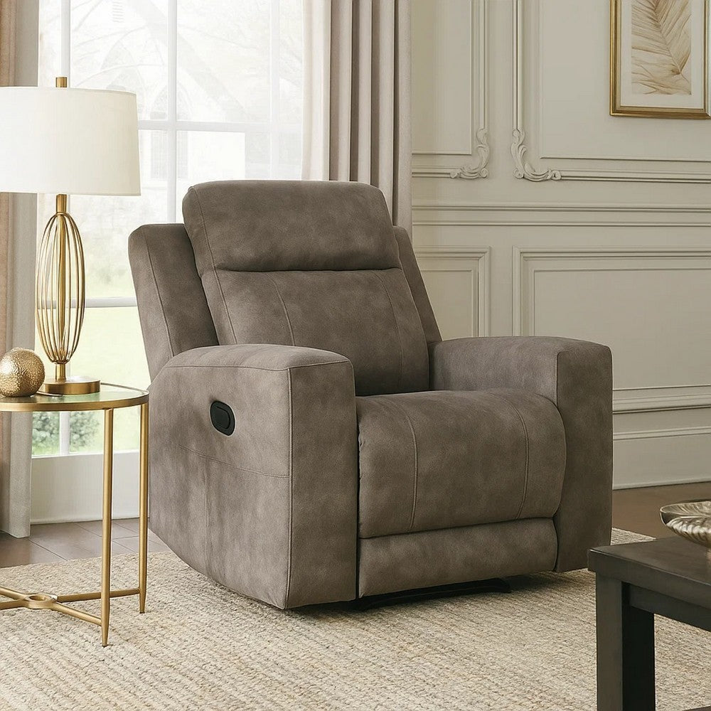 Benjara Diti Manual Pull Tab Reclining Chair, Brown Stain Resistant Microfiber