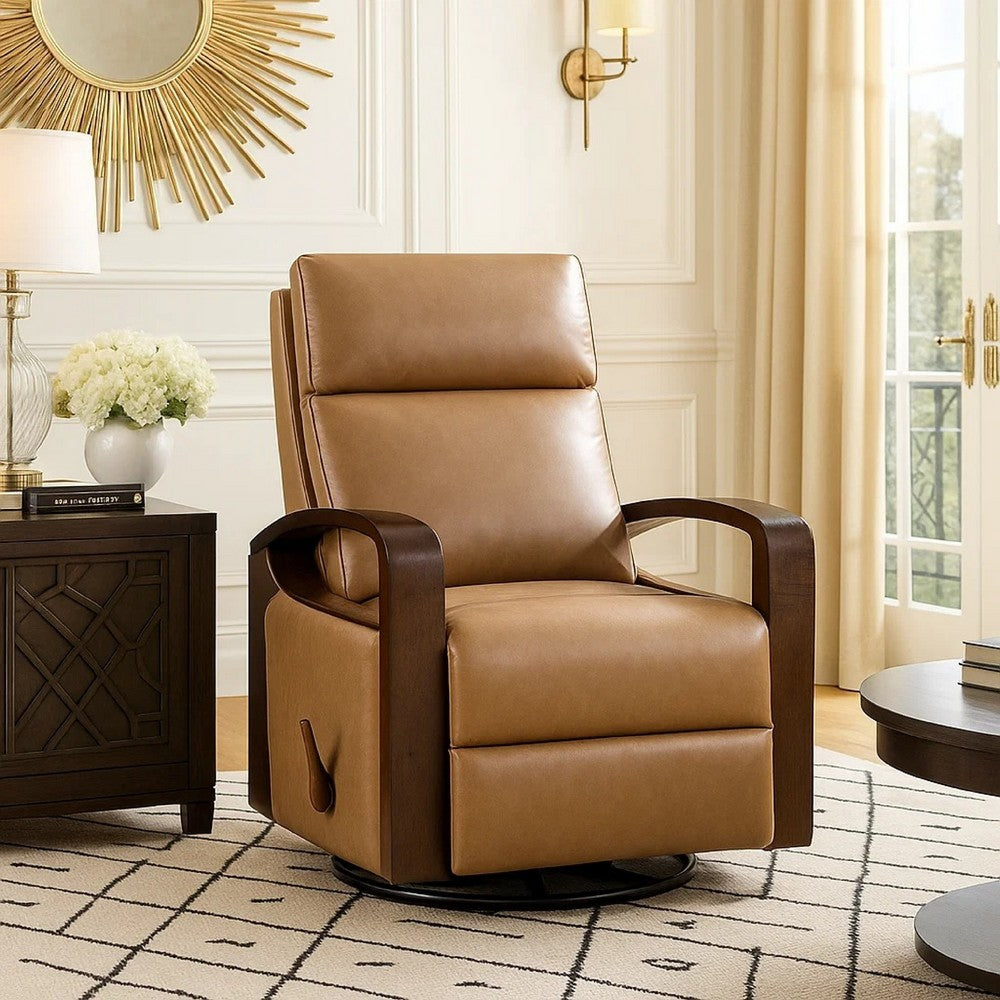 Benjara Mery Swivel Glider Manual Reclining Chair, Camel Brown Faux Leather