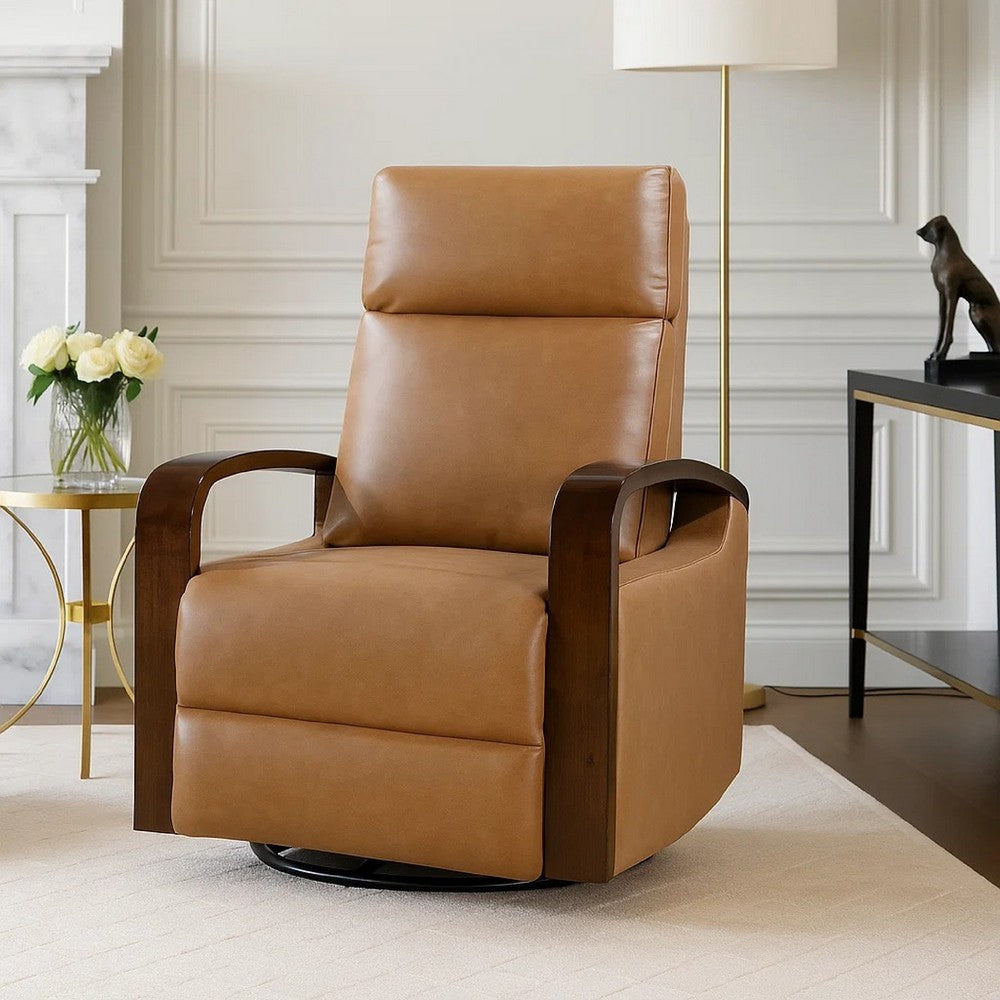 Benjara Mery Swivel Glider Manual Reclining Chair, Camel Brown Faux Leather