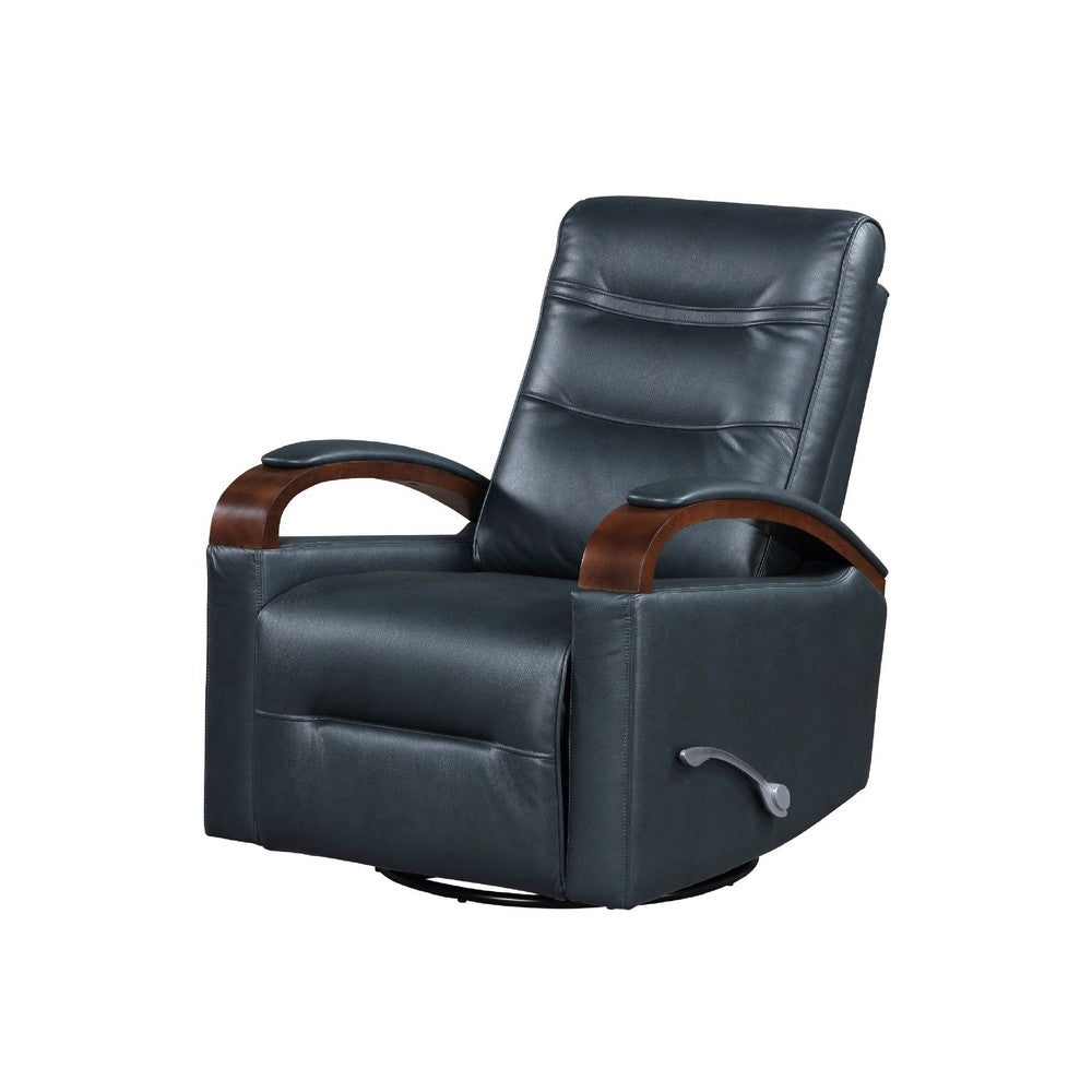 Benjara Gex Swivel Glider Manual Reclining Chair, Dark Blue Faux Leather