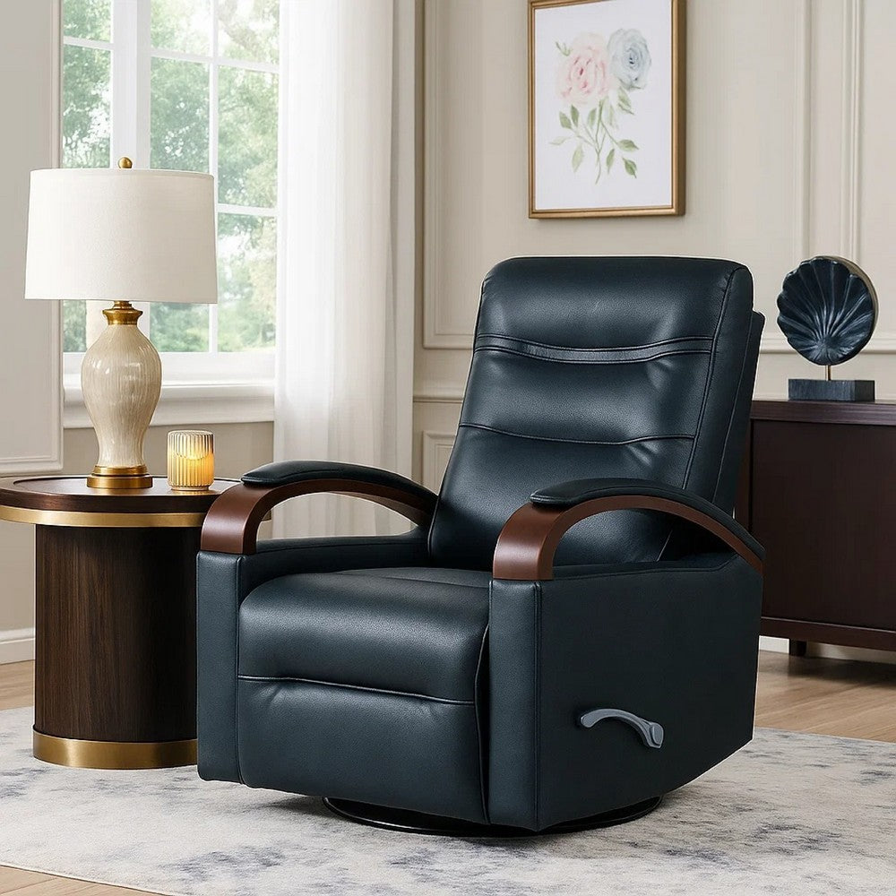 Benjara Gex Swivel Glider Manual Reclining Chair, Dark Blue Faux Leather