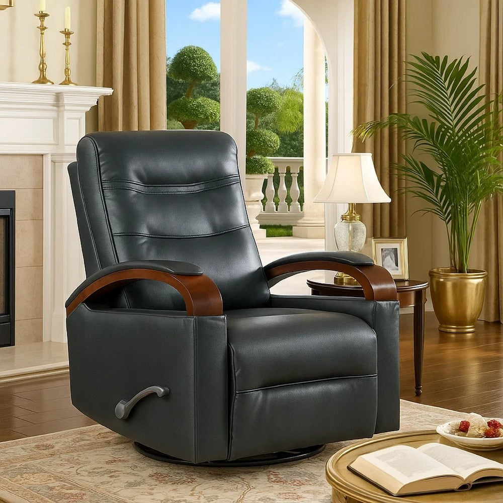 Benjara Gex Swivel Glider Manual Reclining Chair, Dark Blue Faux Leather
