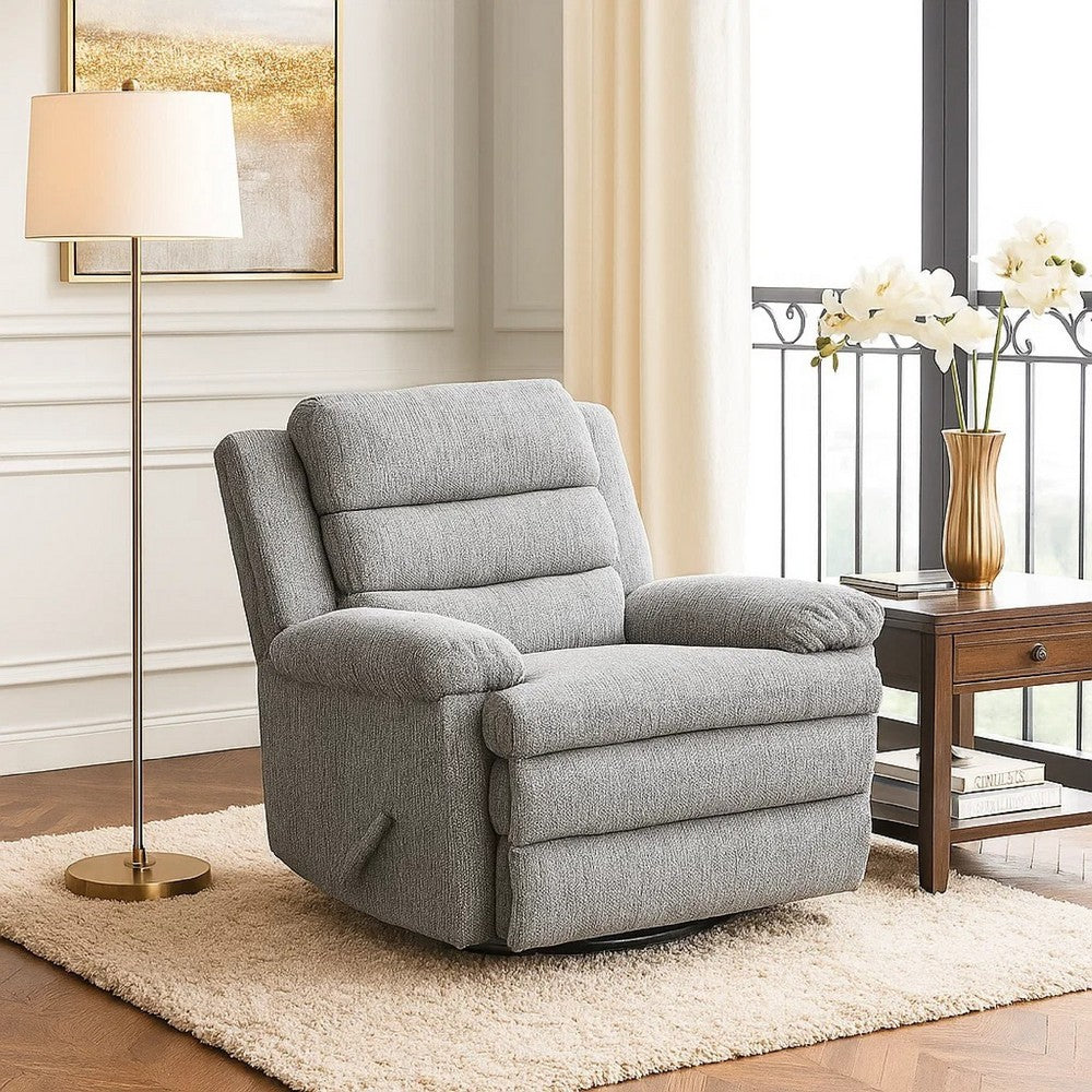Benjara Oxy Swivel Manual Reclining Chair, Foam Pillow Arms, Gray Microfiber