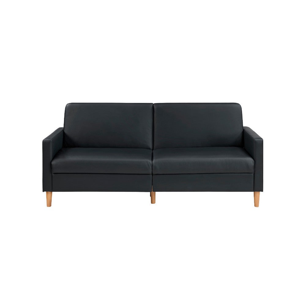 Benjara Mala Sleeper Sofa, Foam Padded, Black Faux Leather, Walnut Brown Legs